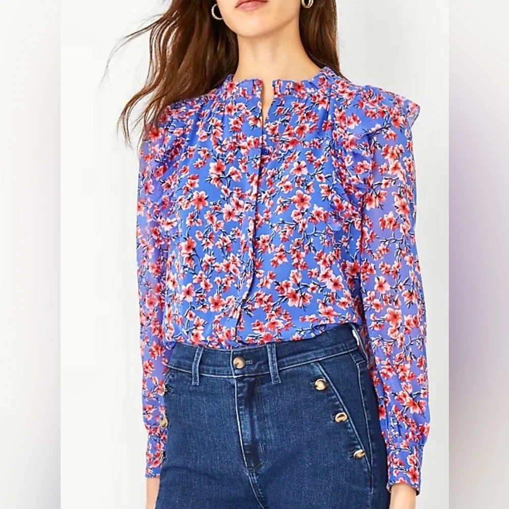 Ann Taylor Cherry Blossom Floral Ruffle Long Sleeve Blouse Size S - Picture 2 of 8